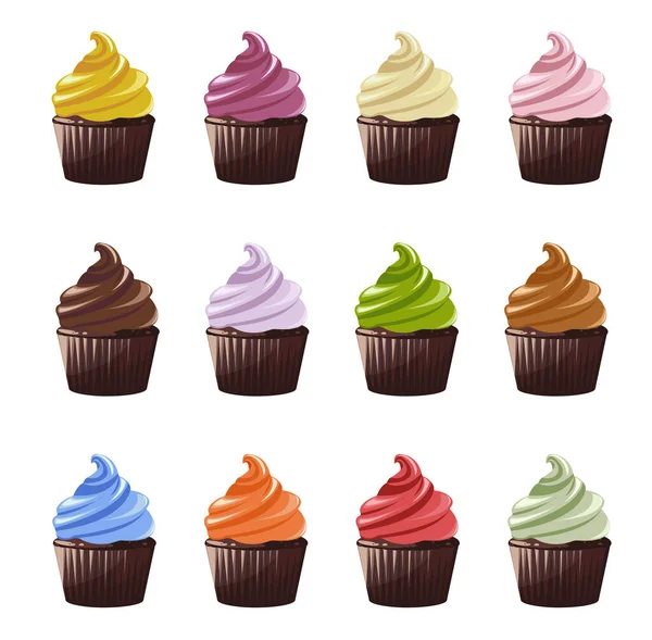Set Cupcakes Cupcakes Different Creams — Stockvector