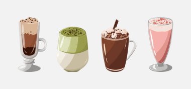Set of different types of coffee. Coffee. Latte. Matcha. Hot chocolate. Pink latte. Vector illustration