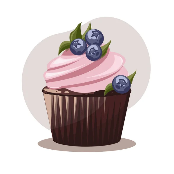 Chocolate Cupcake Pink Cream Blueberry Vector Illustration White Background — Stock Vector