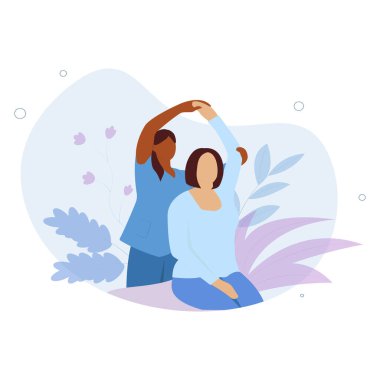 Patient lying in hospital with nurse or medical doctor visiting. Injury rehabilitation. Recovery exercise. Vector illustration with white background