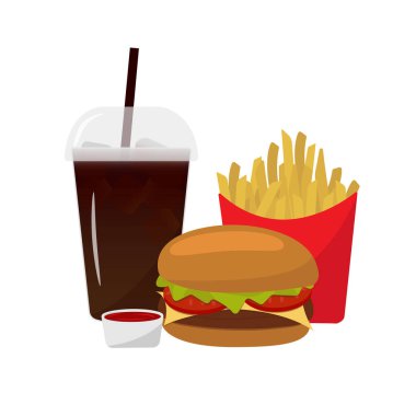 Fast food. Patates kızartması, soslu burger ve soda. Beyaz arkaplan ile vektör illüstrasyonu
