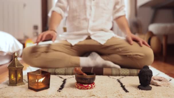 Man Meditates Zafu His Bedroom Using Lotus Posture Concentrate Develop — Stock Video