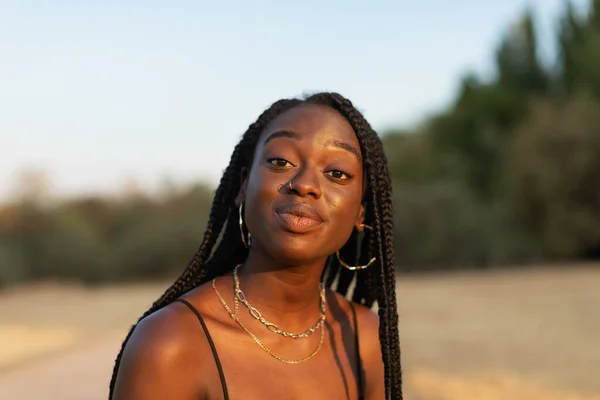 Close Portrait Young Black Female Expressively Looking Camera Park Sunset — 图库照片