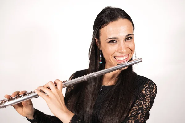 Close Portrait Young Elegant Female Flutist Looking Camera Smiling Joy — Stock Photo, Image