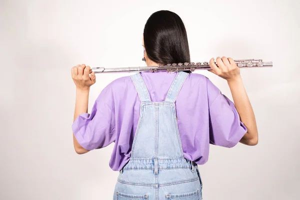 Back View Young Female Flutist Holding Her Instrument Her Shoulders — Stock Photo, Image