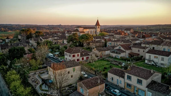 Traditional French Church Sunset Drone Shot Beautiful Little Village Monpazier — 스톡 사진