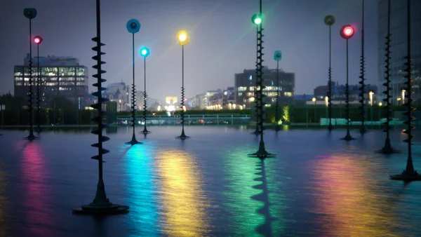 Night Shot Parvis Dfense Paris Public Lights Reflected Water Multitude — 스톡 사진