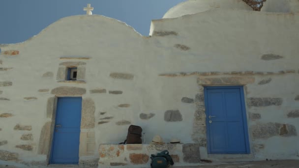Wide Shot Typical House Greece Small Village Edge Coast Blue — 비디오
