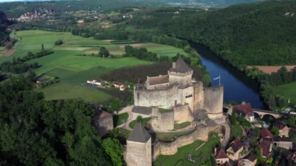 Bela Vista Aérea Chteau Castelnaud Acima Rio Dordogne França — Vídeo de Stock