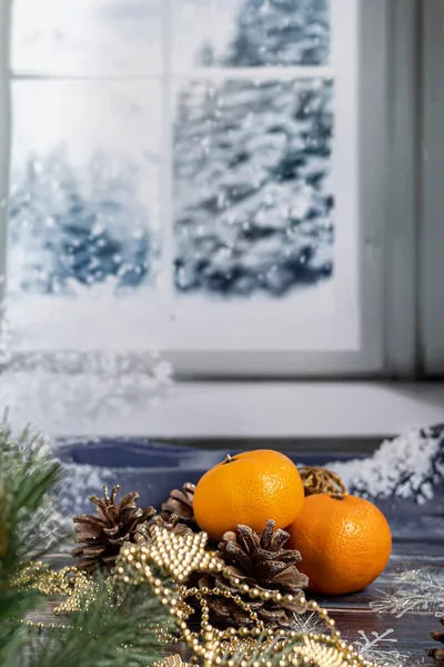 Tangerines Gray Background Branches Christmas Tree Background Window Snow New — Stock Photo, Image