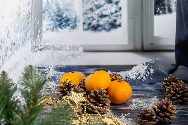 Tangerines Gray Background Branches Christmas Tree Background Window Snow New — Stock Photo, Image