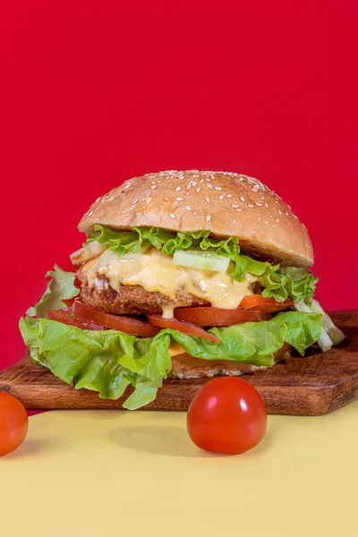 Köstliche Burger Auf Dem Brett Mit Schnitzel Tomaten Und Käse — Stockfoto