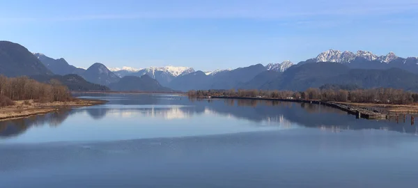 Snow-capped mountains and the calm river surface