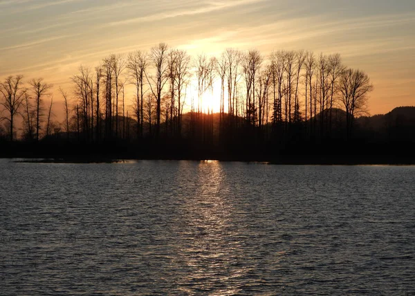 Fin Automne Coucher Soleil Scintillant Dans Lac Ridé — Photo