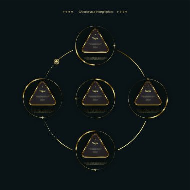 En iyi Altın dikdörtgen düğme elementleri koyu arkaplanda daire çiziyor. Web düğmesi tasarımı, iş akışı vektör tasarımı için öntanımlı adımlar veya seçenekler seti