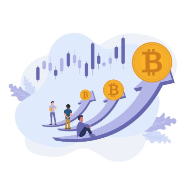 Zincirlenmiş bitcoin 'lerin trend olması için üç ok. Şifreleme grafiği üzerinden ticaret yapan üç adam, bitcoins para birimini eğilim ok ve grafik tasarım vektörü üzerinde tutuyorlar, illüstrasyon