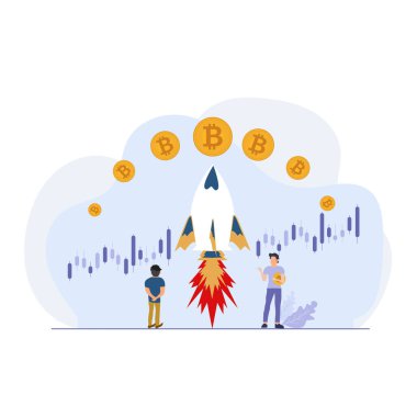 Cypto grafiği üzerinde ticaret yapan iki adam, bitcoin 'leri eğilim oku ve grafik tasarımında tutuyorlar.