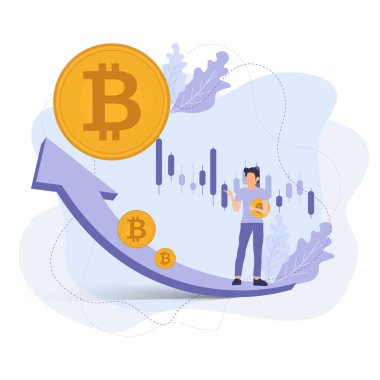 akıllı adam bitcoins para tutmak trend ok üzerinde, mor renk beyaz arkaplan, kripto konsepti, ödeme vektörü, illüstrasyon tasarımı.