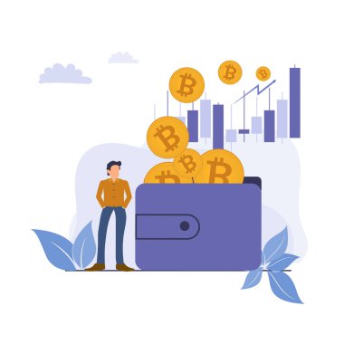 Sarı bitcoin kripto kavramı şanslı adamla, beyaz arka planda ağaç bırakır, kripto paraları, altsikkeler cüzdan, engelleme teknolojisine dayanan dijital para birimleri