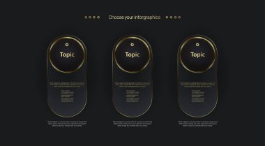 Altın çemberler düğme tasarımını şekillendirir ve igolden simge şablonları, modern semboller ve örnek metin vektörü, resimleme ile üç seçenek düzeni