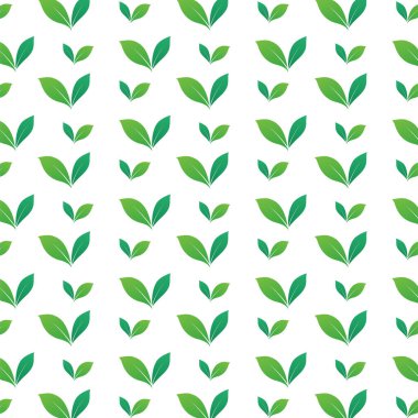 Beyaz arka planda yeşil bir yaprak deseni var. Yeşil Eko sembolleri doku şablon vektörü ve resimleme