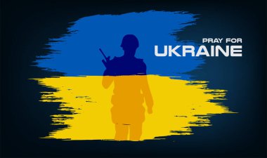 Ukrayna 'nın barışı için dua edin. Ukrayna bayrağı üzerine bayrak ve toprak taşıyıcı tasarımı, dua, yas, insanlık kavramı, Vektör' de savaş yok, illüstrasyon