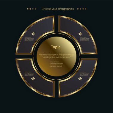 Lüks Altın opsiyon Infographic şablon tasarımı. Çemberlerin dörtte biri altın vektör şablonuyla koyu arkaplan üzerinde birinci sınıf altın seviyeler