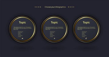Altın Daireler Vektör Çok Amaçlı Bilgi Şablonu Üç element seçeneği ve 3 altın bilgi şablonu ile karanlık bir arkaplan üzerinde Premium altın versiyonu