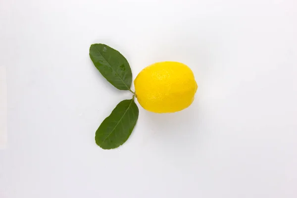 Eine Frische Gelbe Zitrone Mit Blättern Isoliert Auf Weißem Hintergrund — Stockfoto