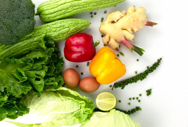 Health food with green vegetables on white background, and natur