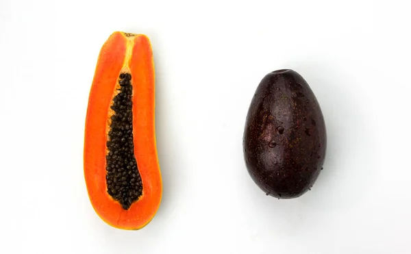 Papaya Sliced Avocado Isolated White Background Healthy Fruits Papaya Avocado — Fotografia de Stock