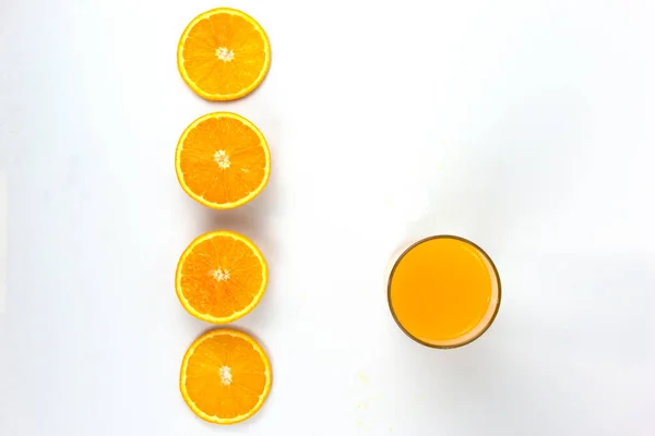 Arranging Pieces Juicy Oranges Glass Orange Isolated White Background Top — Photo