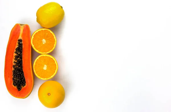 Group Oranges Papaya Sliced Sweet Grapes Isolated White Background Placed — Photo