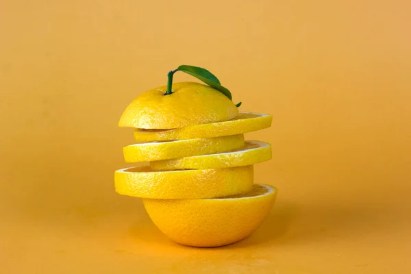 Lemon Fruit Slice Layers Isolated Yellow Background — стоковое фото