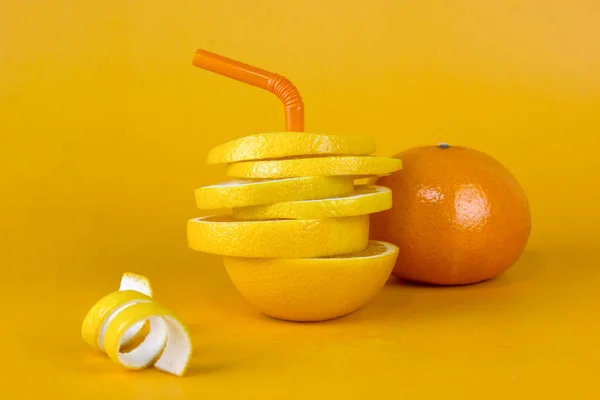 Lemon Fruit Slice Layers Peels Juicy Orange Isolated Yellow Background — Photo