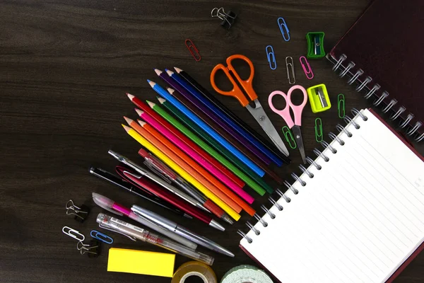 Books Color Pencils Education Elements Back School Concepts Dark Wood — Zdjęcie stockowe