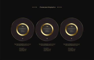 Üç adet lüks, çok amaçlı Infographic düğme tasarımı, bir dizi premuim pankart, ve lüks seçenekler ve koyu arkaplanda altın versiyonu.