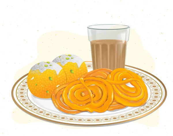 Ladoo Jalebi Och Tea Indian Stree Mat Vektor Illustration — Stock vektor