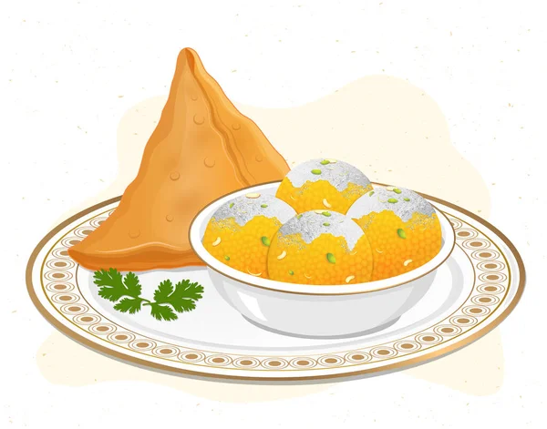 Indiano Dolce Ladoo Samosa Vettoriale Illustrazione — Vettoriale Stock