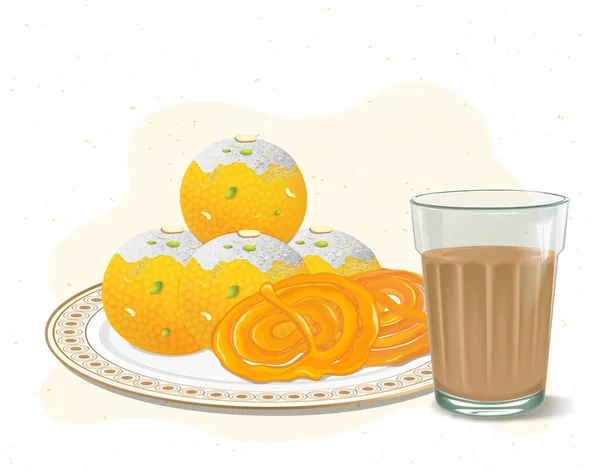 Ilustração Vetor Ladoo Jalebi Indian Tea —  Vetores de Stock