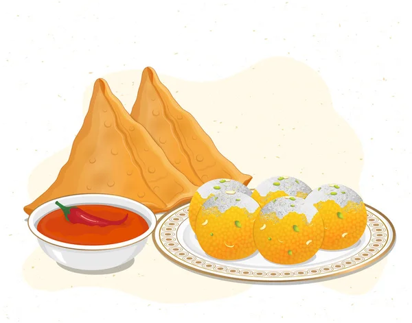 Samosa Ladoo Indian Food Vector Ilustración Con Sopa Tomate Rojo — Archivo Imágenes Vectoriales