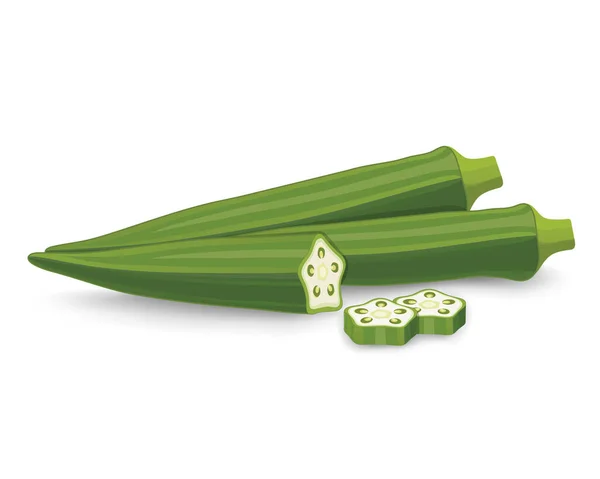 Illustration Vectorielle Légumes Ladyfinger Okra Avec Tranches Demi Morceaux Okra — Image vectorielle
