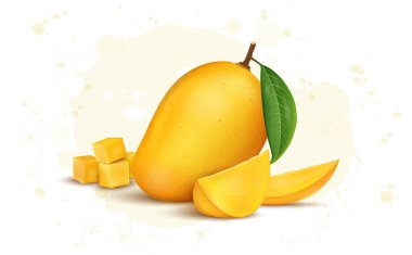 Mango yapraklı taze sarı mango ve vektör illüstrasyonunu dilimler