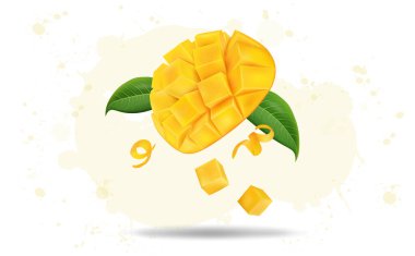 Yeşil yapraklı vektör illüstrasyonlu taze doğranmış mango meyvesi.
