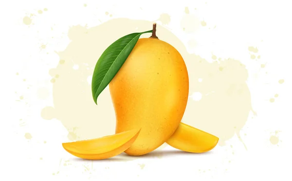 Fresco Mango Fruta Tropical Con Hoja Verde Rodajas Vector Ilustración — Vector de stock