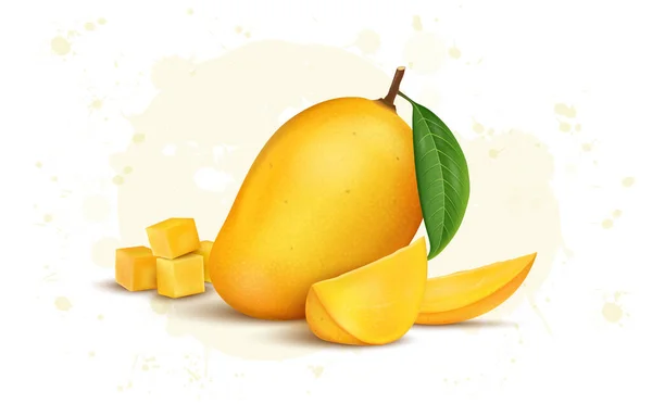 Mango Amarillo Fresco Con Hojas Mango Rodajas Vector Ilustración — Archivo Imágenes Vectoriales