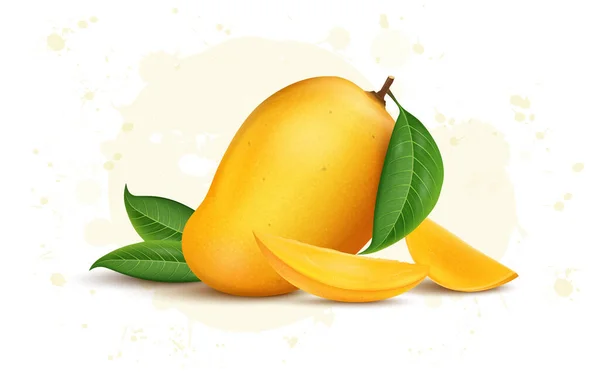マンゴーの葉とスライスベクトルイラストと新鮮な黄色のマンゴー — ストックベクタ
