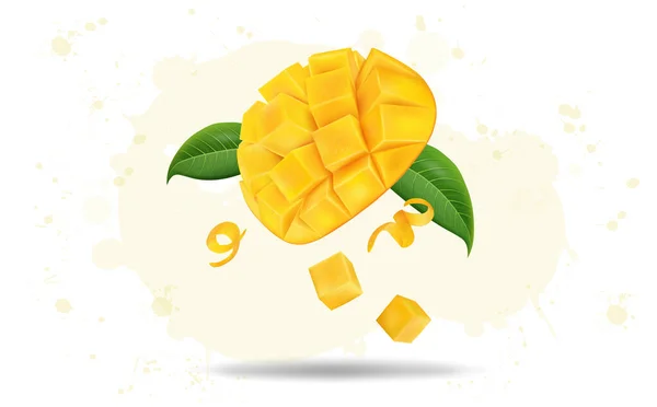 Fresh Chopped Mango Fruit Cubes Green Leaves Vector Illustration — стоковый вектор