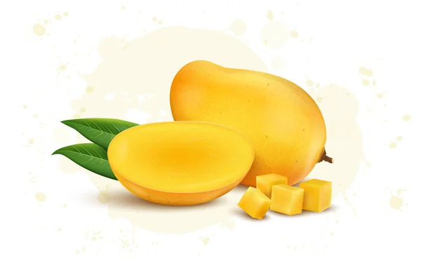 Mangofrucht Mit Einem Halben Stück Mango Isoliert Auf Weißem Hintergrund — Stockvektor