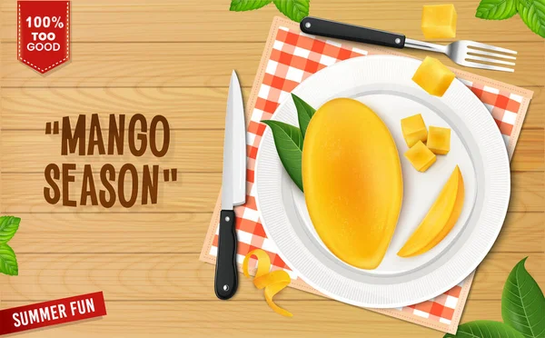 Mango Fruta Rebanadas Vector Ilustración Con Cuchillo Afilado Folclore Vista — Vector de stock